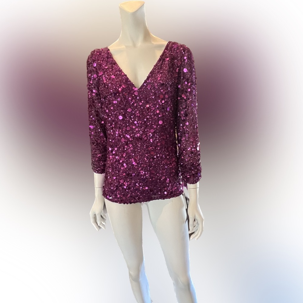 NWT Aidan Mattox Pink Purple Sequin Blouse Shirt Ruched Sleeves V Neck Size S